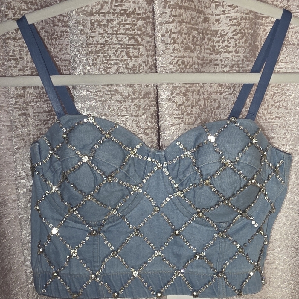 Stylish Denim Beaded Bustier Top - Picture 2 of 7